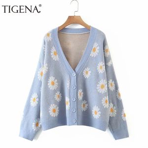 Tigena Knit Cardigan Kvinnor Höst Vinter Söt Daisy Floral Print Button Loose Sweater Kvinna Jacka Coat Blue Pink 211011