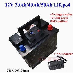 12V 30AH 40AH 50AH LIFEPO4 litiumbatteri för nattfiske fiskfinnare utomhus strömförsörjning + 5A laddare