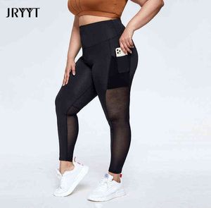 Jryyt Autumn Winter Plus Size Mesh Yoga Pants Kvinnor Hög midja skarvade snabba torra sport leggings kvinnliga fitnessfickor 2021 4XL H1221