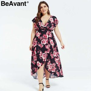 Bevant Boho Floral Print Women Maxi Dress Sexy Vネックノースリーブシフォンプラスサイズドレス女性ビーチスプリットレディースドレス210709