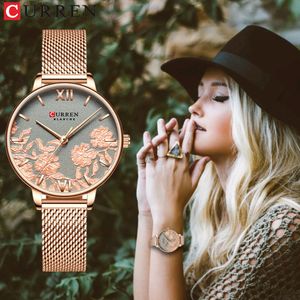 Moda Womens Watches Curren Couro Casual Strap Quartz Mulheres Assista Bonito Design Exclusivo Dial De Aço Inoxidável Relógio de Pulso 210310