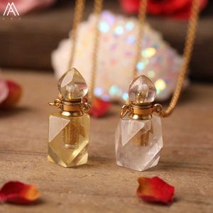 Faceted Stone Crystal Essential Oil Jewelry Natural White Lemon Quartz Gold Perfume Bottles Pendant Necklace Women