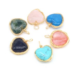 Fashion Natural Stone Charms Wrap Heart Rose Quartz Lapis Lazuli Turquoise Opal Pendant DIY for Bracelet Necklace Earrings Jewelry Making 15x20mm