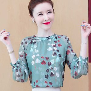 Women Spring Autumn Chiffon Blouses Shirts Lady Casual Lantern Sleeve Stand Collar Leaf Printed Blusas Tops DF3978 210609