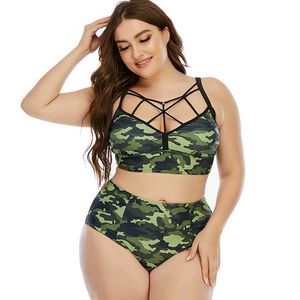 Plus Size High Waist Bikini 2 Parte Set Mulheres Swimsuit Bandagem Swimwear Camuflagem Terno de Banho Alto Cintura Swimsuit 2021Female Y0820