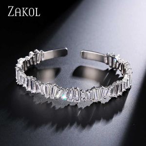 Zakol Fashion Aaa Cubic Zirconia Baguette Bracelet Bangle White Color Cuff Copper Base Bride Wedding Jewelry for Women Fsbp138 Q0719