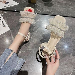 Dress Shoes Pearl Sandals Clear Heels 2021 Summer Female Shoe Med Buckle Strap Gladiator Block Girls Fashion Medium Beige Comfort Beach