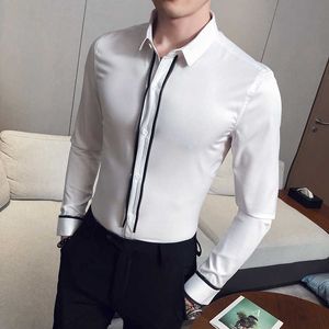 Svartvit Män Klänning Skjortor Zipper Dekoration Casual Mens Shirt Slim Fit Långärmad Formell Streetwear Social Blouse Homme 210527