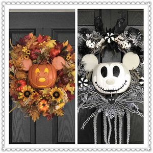 Artificial Halloween Pumpkin Head Wreath Mouse Wreath Front Door Decoration Hanging Sunflower Holiday Harvest Decoration Y0831