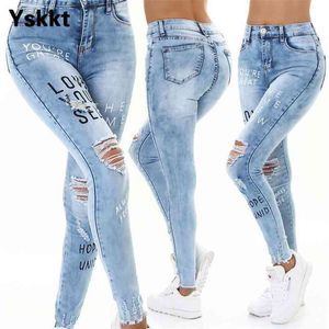 Jeans kvinna hög midja rakt skinny stretchy byxa streetwear kvinnor brev Skriv ut hål tvättade denim penna pants byxor 210922