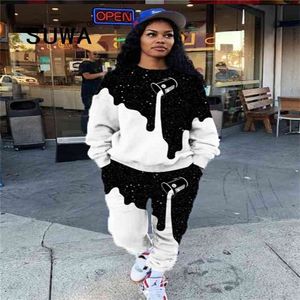 Klassisch Schwarz Weiß Bedruckt Trendy Chic Cool Girl Street Loungewear Damen Zweiteilige Hosen Set Übergroßes Sweatshirt Baggy Hose 210525