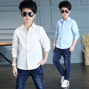 Çocuk Giyim Bahar Uzun Kollu Erkek Gömlek Moda Pamuk Katı Beyaz Gömlek Çocuk Turn-down Yaka Düğmesi Tops 8 12Y 210306
