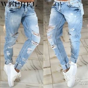 WEPBEL Summer Hole Jeans Men's Fashion Low Waist Solid Color Straight Full Length Jeans Casual X0621