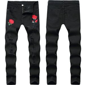 I jeans da uomo arrivano slim stretch neri strappati pantaloni di jeans con ricamo rosa di alta qualità uomini casual sexy di lusso leggero;