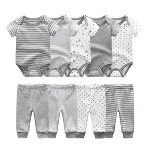 Unisex Newborn Baby Ruchy Chłopiec Ubrania Z Krótkim Rękawem Bawełniane Kombinezony + Długie Spodnie Dziewczynka Ubrania Zestawy Roupas De Beebe 210309