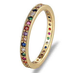 Färgglada CZ Eternity Band Ring Thin Skinny Engagement Wedding Birthstone Rainbow Colic Classic Simple Round Circle Finger Rings
