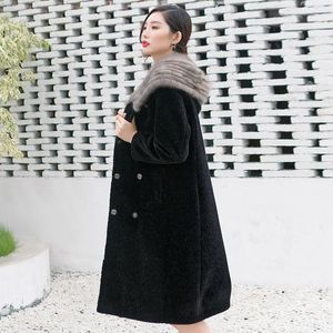 Mulher Feminina Faux Luxo Carneiros Shearling Casaco Mulher Longo Inverno Casacos Mulheres Natural Mink Com Capuz Jaqueta de Lã Real X-11