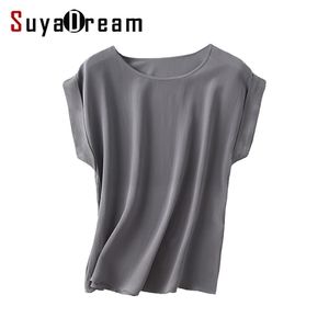 Женщины настоящие шелковые футболки короткие летучие мыши рукава с твердой шифоновой свободной рубашкой 100% натуральный шелковый базовый топ плюс размер летом дна 210623