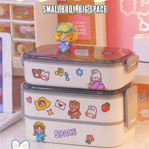 WG Japanischer Kawaii Lunchbox-Behälter Acciaio Doppelschichtiger Lunchbox-Behälter mit Deckelfächern Aufbewahrung Frühstücksboxen 210818