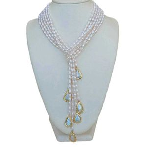 Y·YING 3 Strands Cultured White Rice Teardrop Pearl Lariat Long sweater chain Necklace 50''