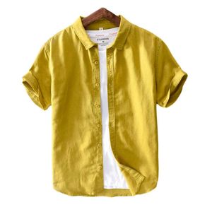 Camisas de manga curta de linho de algodão para homens casual moda amarelo vire para baixo colarinho verão clássico clássico tops roupas 210601