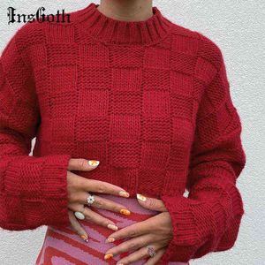 Insgoth Streetwear 솔리드 ​​레드 스웨터 하라주쿠 긴 소매 여성 느슨한 스웨터 Y2K 고트 풀오버 가을 겨울 자른 탑 y1110