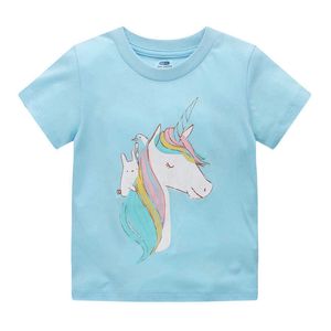 Hoppmätare Ankomst Flickor Unicorn T Shirts Bomull Blå Mode Baby Kläder Toddler Tees Kortärmad Barn Toppar 210529
