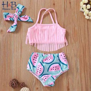 Bebé Beachwear Swimsuit Verão Bonito Melancia Impresso Tassel Sling 3 Pcs Criança Roupas 210611