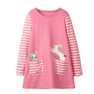 Jumping Metrów Zwierzęcia Bunny Aplikacja Bawełniana Księżniczka Dziewczyny Dress Na Jesień Wiosna Dzieci Odzież Długie Rękawostwo Dziewczyna 210529