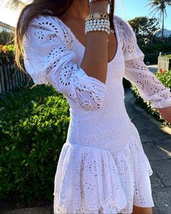 Casual Dresses 2021 Summer Autumn Long Sleeve Elegant Embroidery Mini Dress Women Cotton Smocked Bodice Sexy Woman