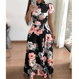 Kwiat Drukuj Z Długim Rękawem Maxi Sukienka Wiosna Jesień Dorywczo Slim Sashes Kobiety Elegancki Robe Party Es Plus Rozmiar S-5XL Y0823