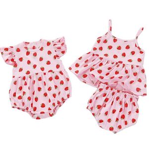 Jordgubbe print spädbarn romer twin kostym baby tjejer kläder sommar söt söt klänning + ppk byxor briefs set toddler barnkläder Q0716