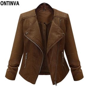 Lady Leather Short Coffee Brown Color Jacket Plus size L XXL 3XL 4XL 5XL Fashion Spring Winter Basic Outwear Tops Clothing 210527