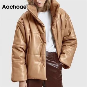 Women PU Leather Parkas Fashion High Street Solid Faxu Leather Coats Elegant Winter Thick Cotton Jackets Loose Outerwear 210916