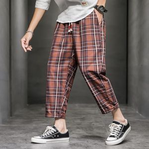 Calças masculinas de linho harém masculinas cintura elástica sólida streetwear joggers 2021 folgadas calças casuais de virilha baixa