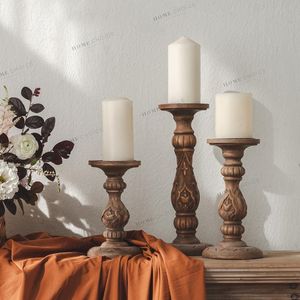 Candle Holders Creative French Holder Handmade Wood Carving Light Luxury Vintage Wooden Material Candelero Home Decor
