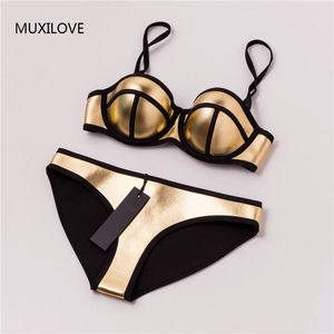 Muxilove 100% neoprene verão acolchoado push up bikini conjunto feminino sexy maiô roupa de banho biquini nadar ouro prata