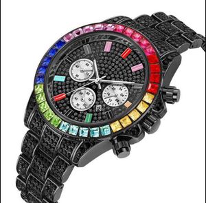 ピンタイムラグジュアリーカラフルなクリスタルダイヤモンドクォーツバッテリーデートメンズウォッチ装飾3つのサブダイアル輝く時計工場直接腕時計