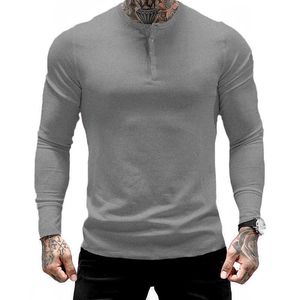 Yemeke Masculino Botão Collar de Manga Longa O-pescoço Desgaste de Algodão Camisa Slim T-shirt Fashion Gyms Exercício Respirável Sportswear 210629