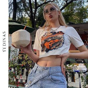 Yedinas Sommer Punk-Stil Print Crop Top Frauen Kurzarm abgeschnitten Tops Baumwolle ästhetische T-Shirt E-Mädchen Vintage 90er Jahre Streetwear 210527