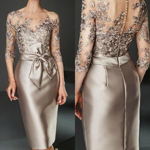 Şampanya 2021 Gelin Elbiseler Diz Boyu Saten Dantel Aplike Damat Anne Elbise Düğün Arapça Abiye Için Elbise