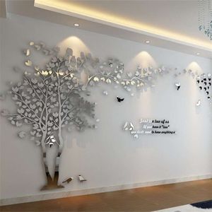 Diy grande árvore adesivo papel de parede espelho acrílico adesivos de parede para sala de estar tv fundo parede decoração mural parede de arte 210929