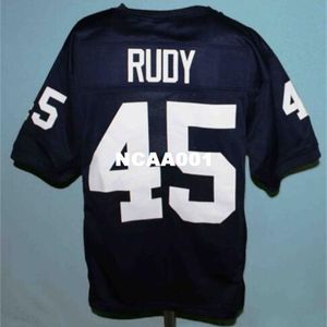 001 Round neck Rudy Ruettiger #45 Rudy Movie Navy Blue Retro College Jersey size s-4XL or custom any name or number jersey