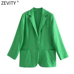 Zevidade Mulheres Moda Verde Verde Cor Notched Collar Linho Blazer Casaco Feminino Bolsos Chic Negócios Casual Cardigan Ternos Tops CT736 210927