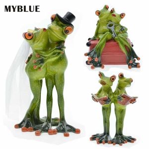 MyBlue Kawaii Garden Zwierząt Żywica Para Lovers Frog Figurki Ślubne Miniatury Nordic Home Room Akcesoria Dekoracji Prezent 211108
