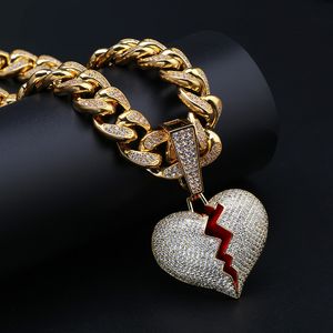 Wholesale personalized broken heart necklace for sale - Group buy European and American Personalized Popular Broken Heart Shape Male and Female Couples Pendants Full Zircon Hip Hop Necklace