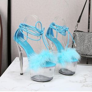 Sandales Sexy Furry Pole Dance Chaussures exotiques 20 cm Plateforme transparente Plateforme mince talons High Walking Show Bar Club Stripper Clear