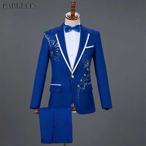 Royal Blue Sequin Broderi Suit Män Bröllop Brudgum Tuxedo Passar Byxor Mens One Button Peak Lapel Stage Costume Traje Hombre 2XL X0909