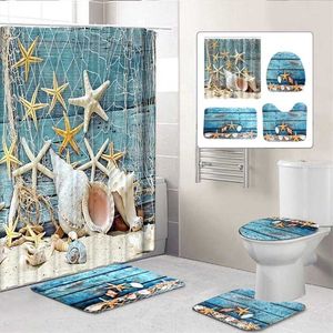 Beach Shells Pattern Waterproof Polyester Bathroom Curtain with Hooks Anti-slip Soft Bath Carpet Mat Lid Toilet Cover Home Decor 211116