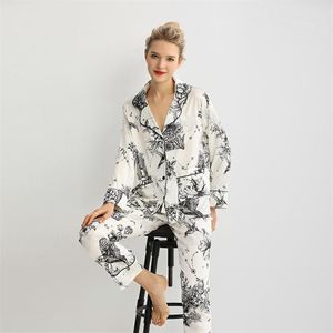 Maison Gabrielle Spring Summer Printed Silk Satin Pajamas Set Sleepwear Loungewear for Women Pyjama Femme 2 Pieces Long 210809